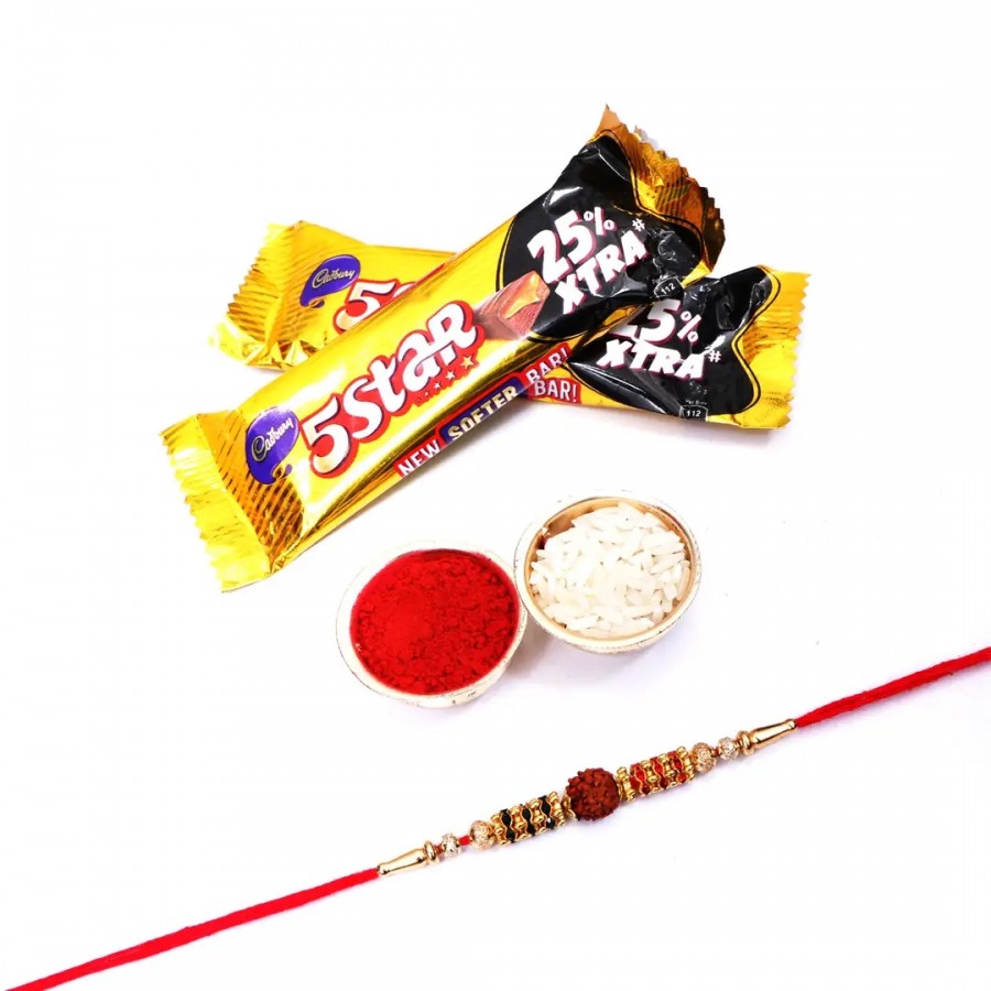 Rudraksh Jarkan Stone Designer Rakhi For Brother Set Ofnbsp;1 With 5 Star Chocolate Bar, 40G Pack Of 2 (RoliChawal)