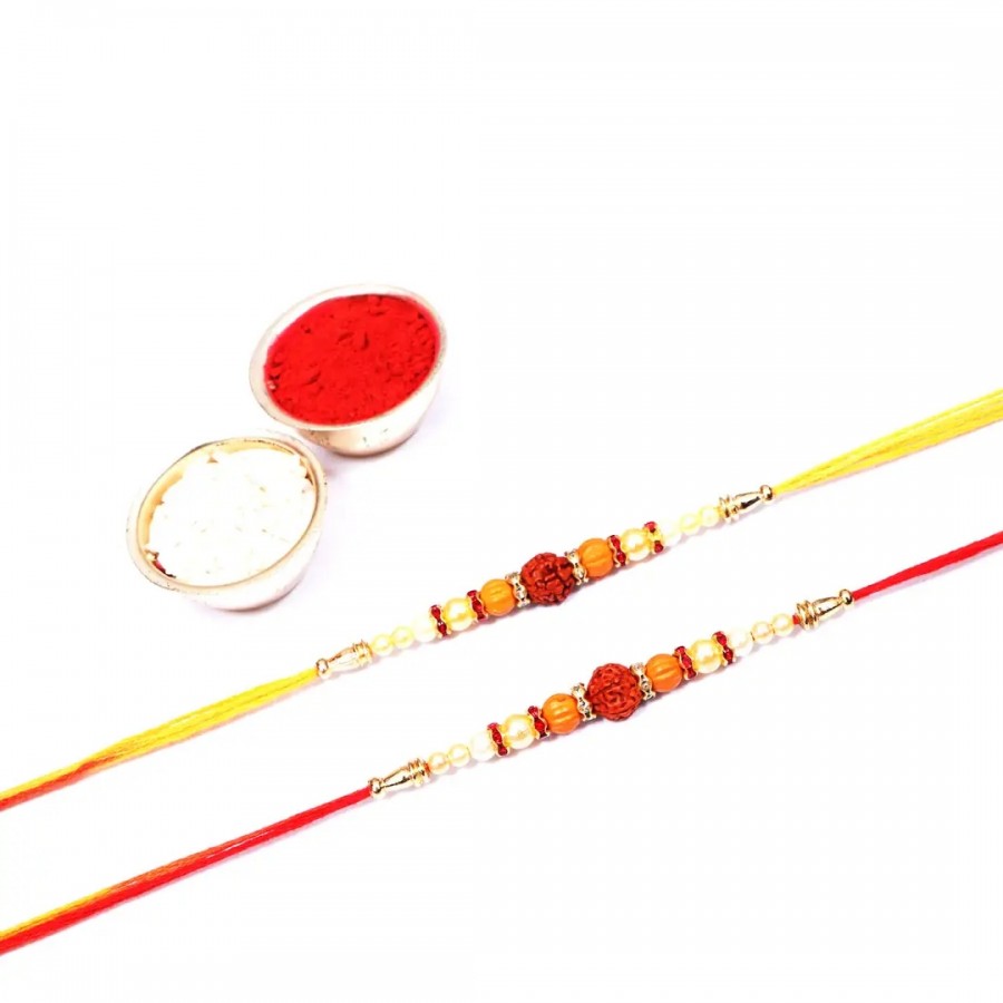 Rudraksha Golden Pearl Designer Rakhi Set Of 2 (Rolichawal)