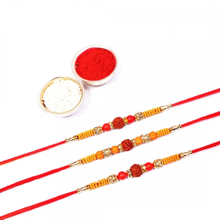 Rudraksha Pearl Designer Rakhi Set Of 3 (Rolichawal)