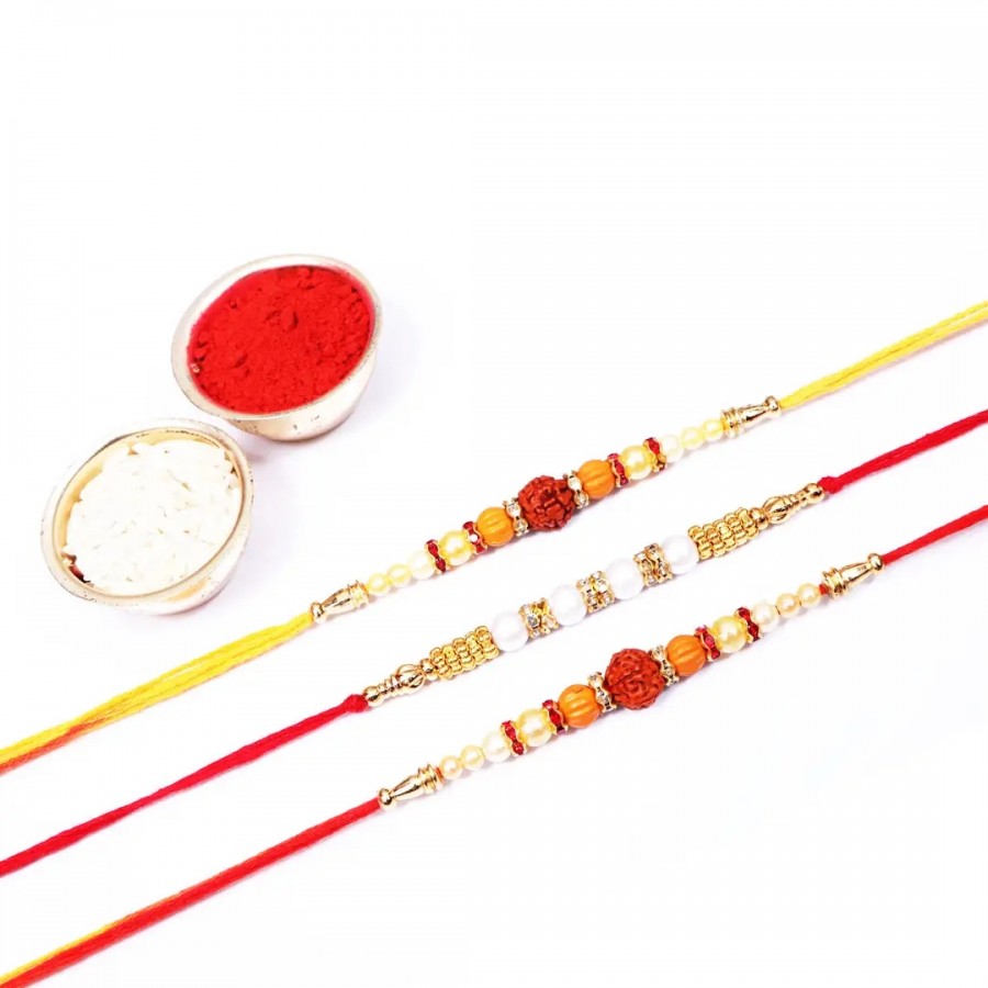 Rudraksha White Pearl Designer Rakhi Set Of 3 (Rolichawal)