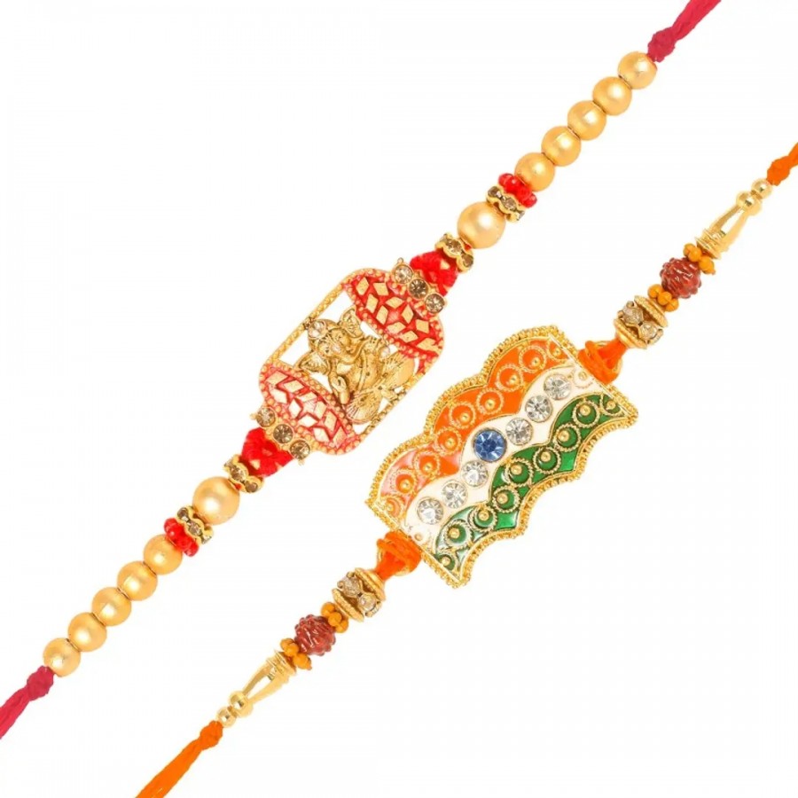 Sidhivinayak and Tiranga Gold and Rhodium Plated Alloy Rakhi for Lovely Brother