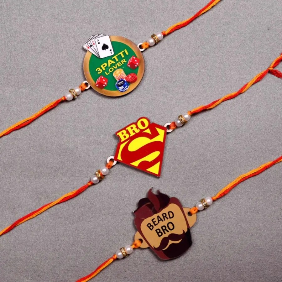 Stylish Wood Printed Rakhi Combo Of 3