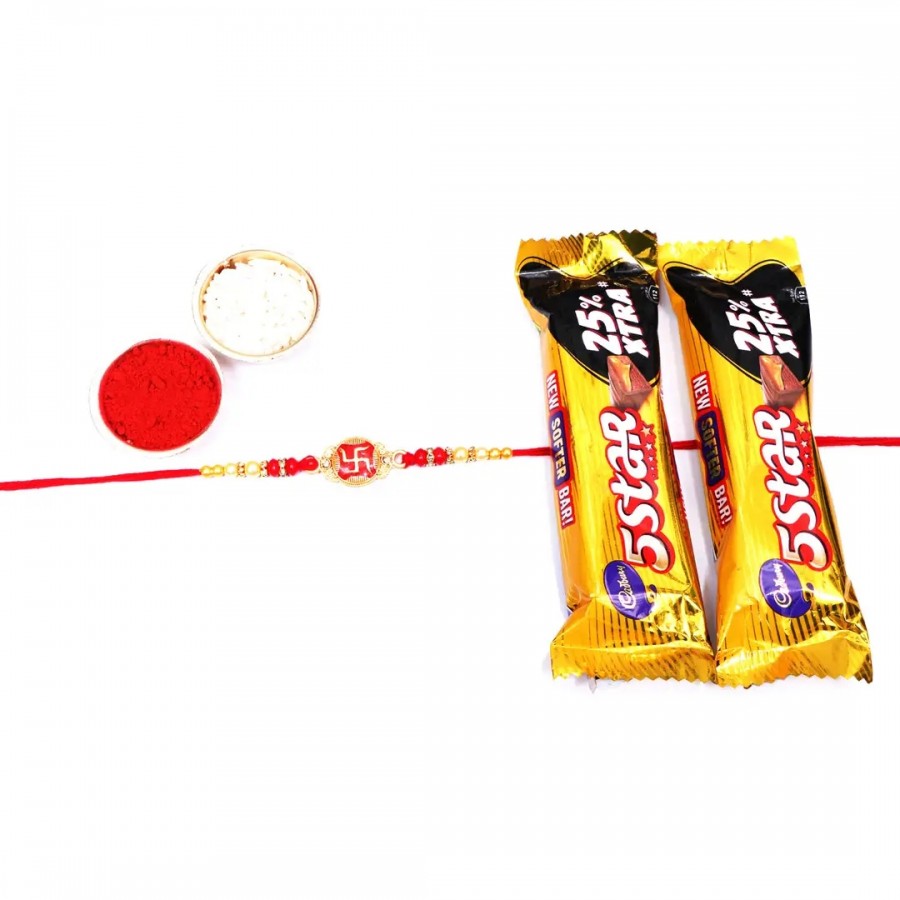 Swastik Designer Rakhi Set Of 1 With 5 Star Chocolate Bar, 40G Pack Of 2( RoliChawal)