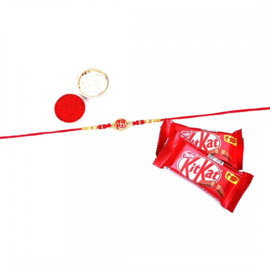 Swastik Designer Rakhi Set Of 1 With Kitkat Chocolate 12.8Gm Pack Of 2 (RoliChawal)