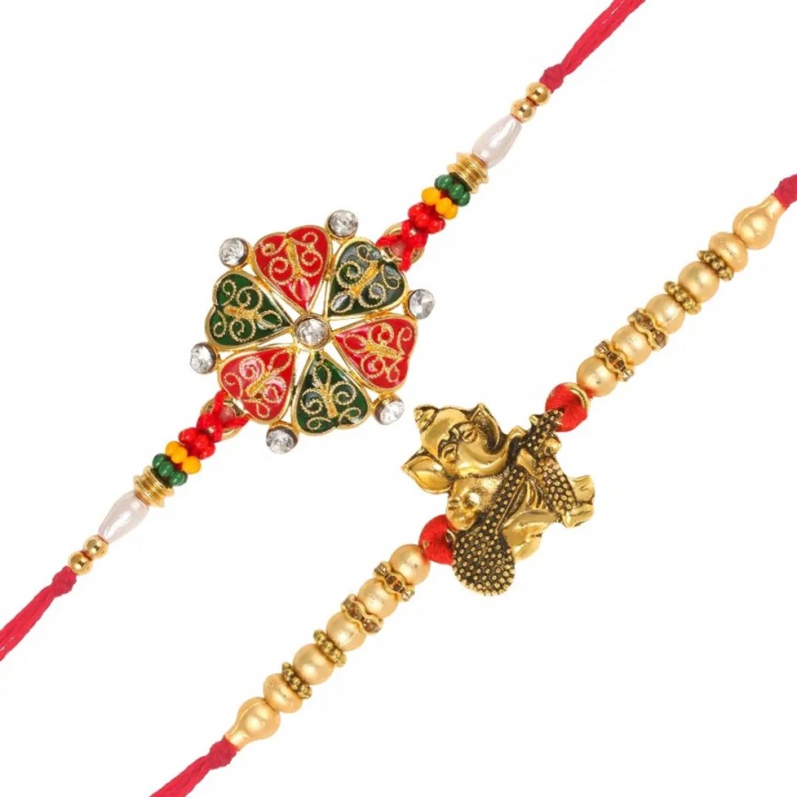 This Heart and Ganesh with Veena Gold and Rhodium Plated Alloy Rakhi for Lovely Brother (pack of 2)