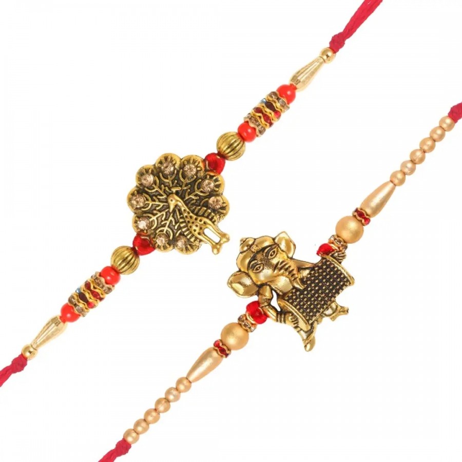 This Mayur and Dholak Ganesh ji Gold and Rhodium Plated Alloy Rakhi for Lovely Brother (pack of 2)