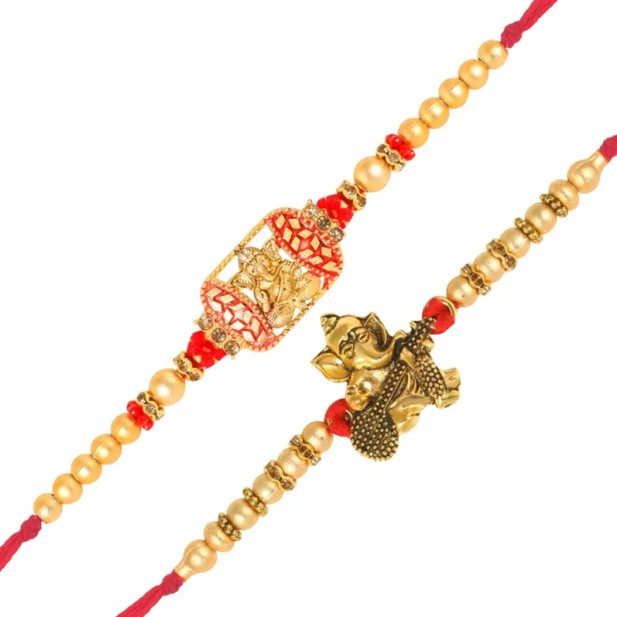 This Sidhivinayak and Ganesh with Veena Gold and Rhodium Plated Alloy Rakhi for Lovely Brother (pack of 2)