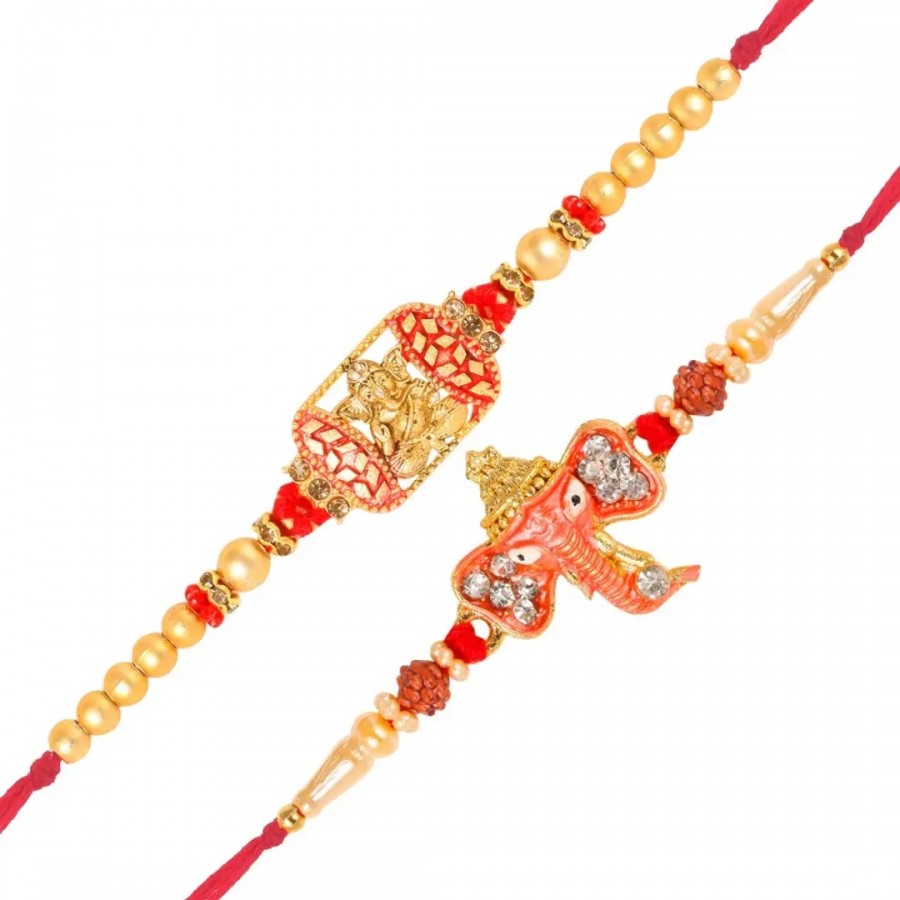 This Sidhivinayak and Vakratund Ganesh Gold and Rhodium Plated Alloy Rakhi for Lovely Brother (pack of 2)