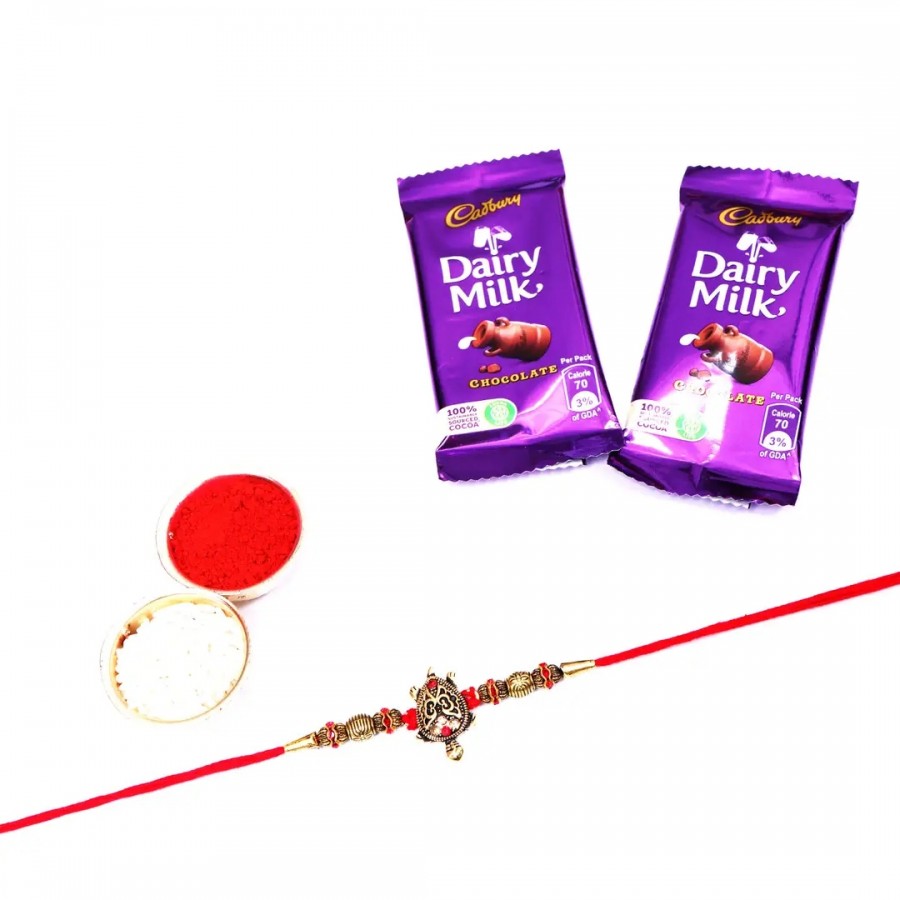 Turtle Or Lucky Kachhua With Rudraksh Designer Rakhi Set Of 1 With Dairy Milk Chocolate Bar, 13.2 G Pack Of 2 (RoliChawal)