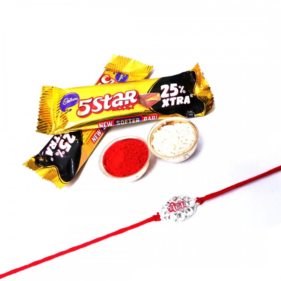 Veera Round Silver Designer Rakhi Set Of 1 With 5 Star Chocolate Bar, 40G Pack Of 2 (RoliChawal)