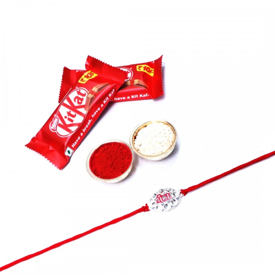 Veera Round Silver Designer Rakhi Set Of 1 With Kitkat Chocolate 12.8Gm Pack Of 2 (RoliChawal)