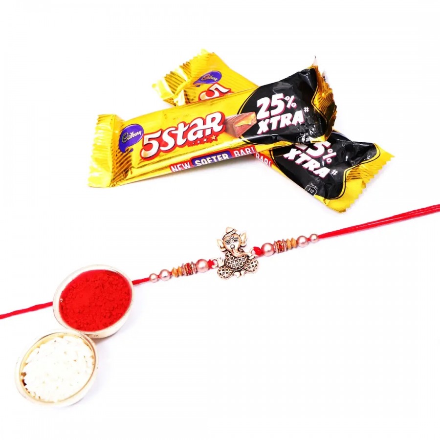 Vinayaka Designer Rakhi Set Of 1 With 5 Star Chocolate Bar, 40G Pack Of 2 (RoliChawal)