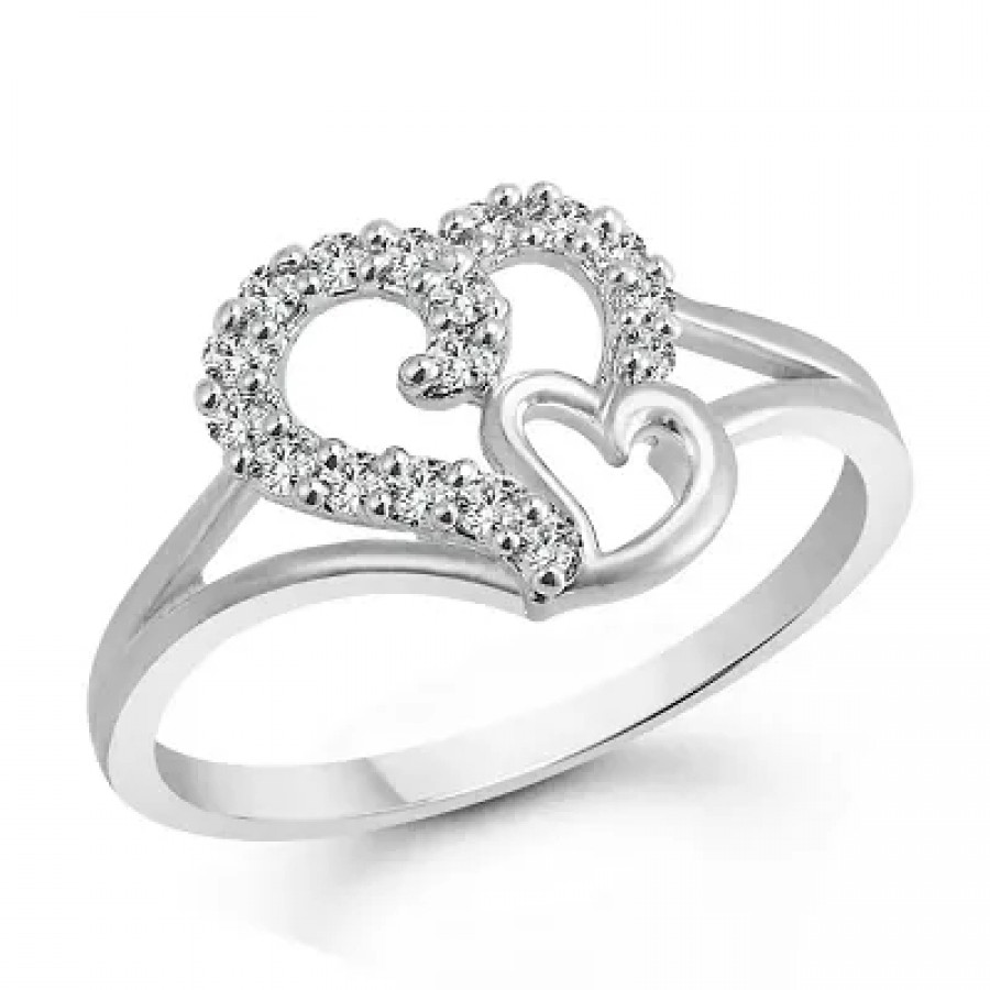 Couple Heart CZ Rhodium Plated Alloy Ring for Women