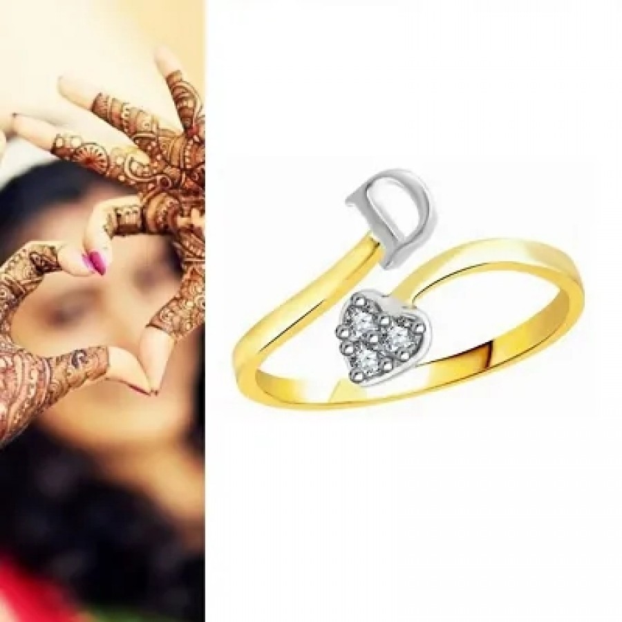 Initial 'D' Letter CZ Gold and Rhodium Plated Alloy Adjustable Ring for Women and Girls