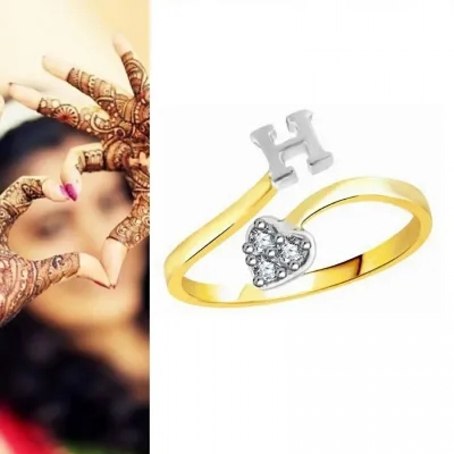 Initial 'H' Letter CZ Gold and Rhodium Plated Alloy Adjustable Ring for Women and Girls