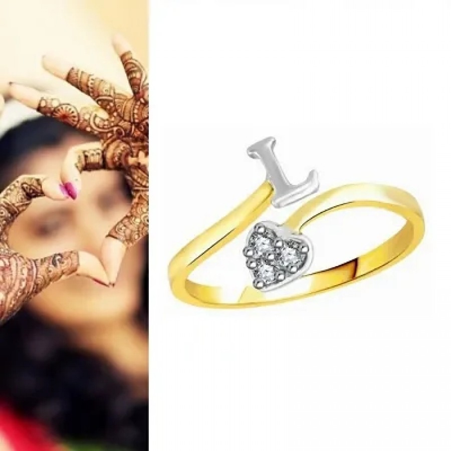 Initial 'L' Letter CZ Gold and Rhodium Plated Alloy Adjustable Ring for Women and Girls