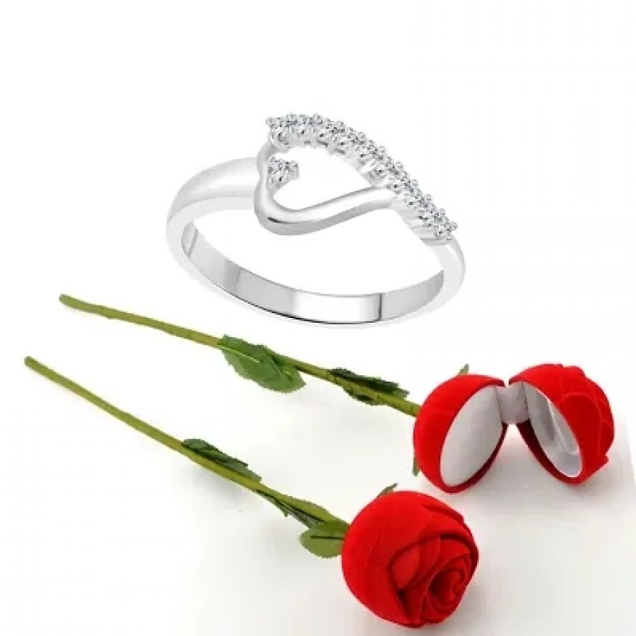 Scented Rose with stylish Valentine CZ Rhodium plated alloy Ring for Women and Girls (1 scented rose and 1 ring)