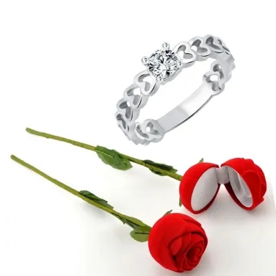 Scented Rose with stylish Valentine CZ Rhodium plated alloy Ring for Women and Girls (1 scented rose and 1 ring)