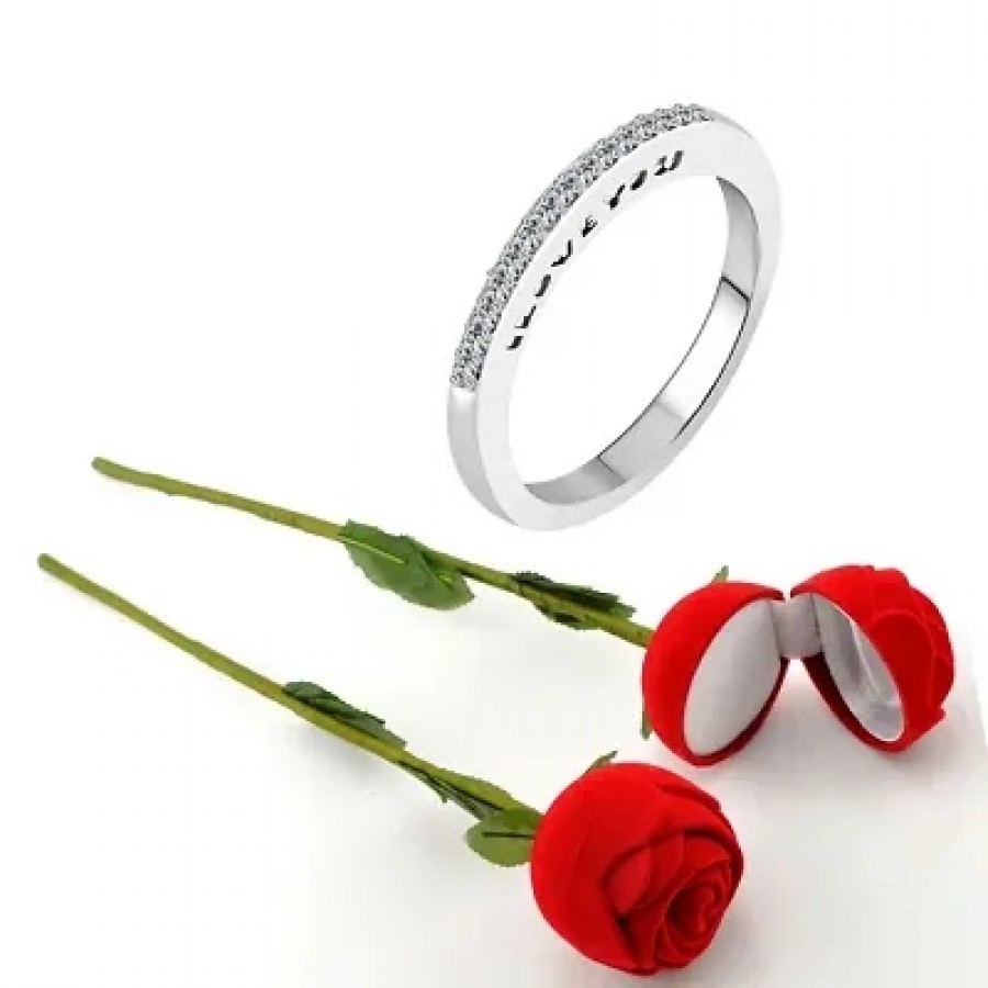 Scented Rose with stylish Valentine CZ Rhodium plated alloy Ring for Women and Girls (1 scented rose and 1 ring)