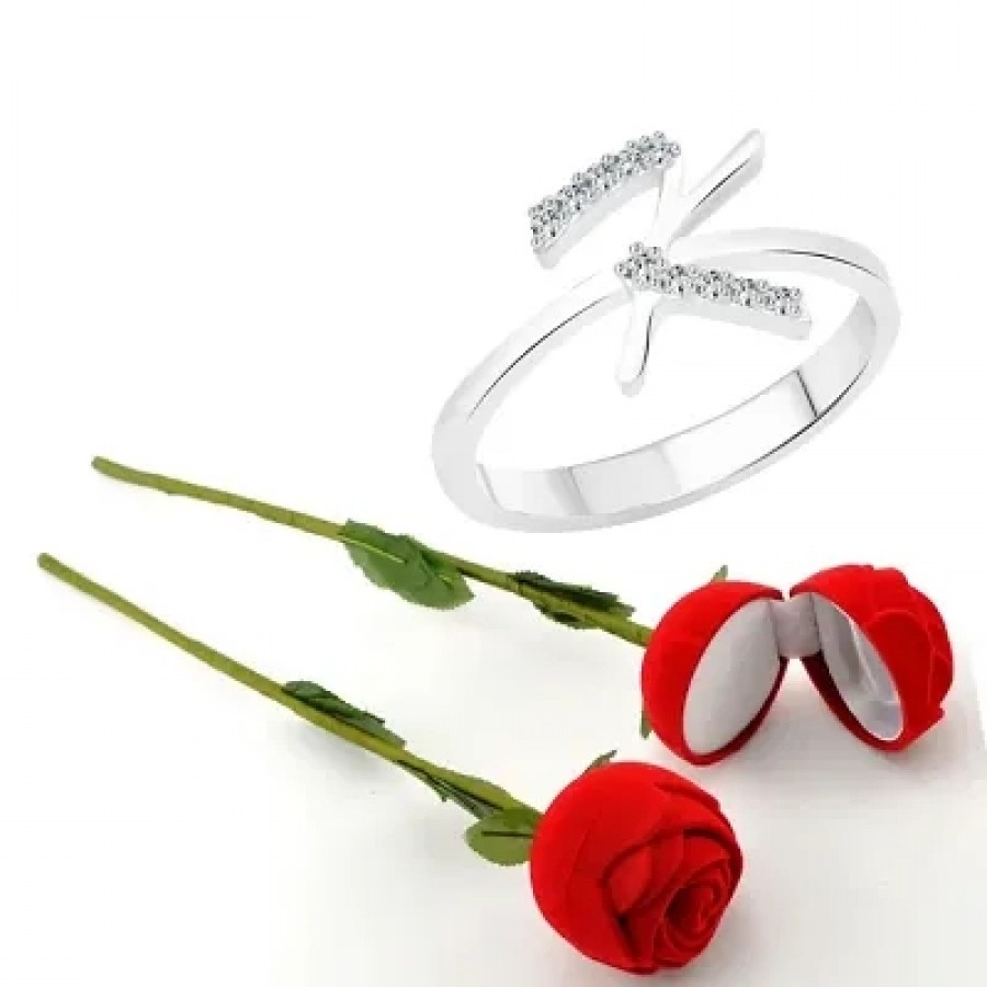 Scented Rose with stylish Valentine CZ Rhodium plated alloy Ring for Women and Girls (1 scented rose and 1 ring)