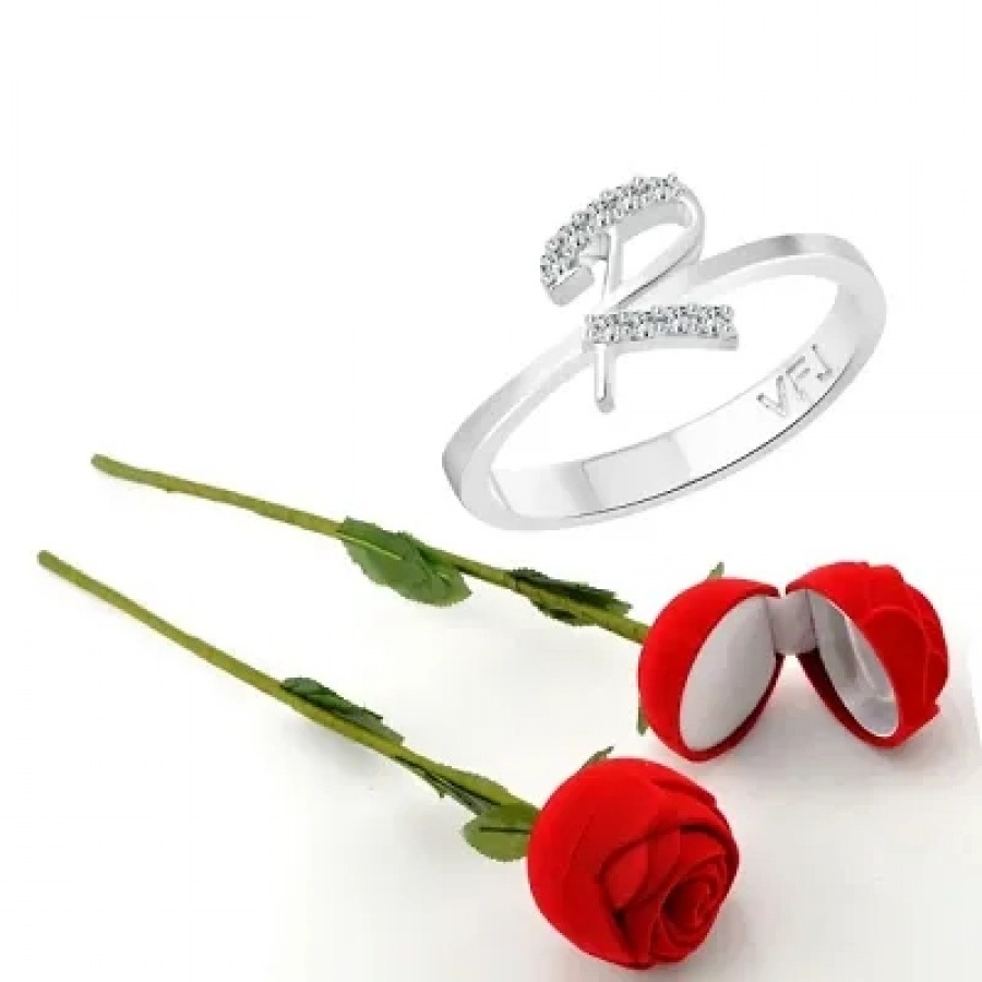 Scented Rose with stylish Valentine CZ Rhodium plated alloy Ring for Women and Girls (1 scented rose and 1 ring)