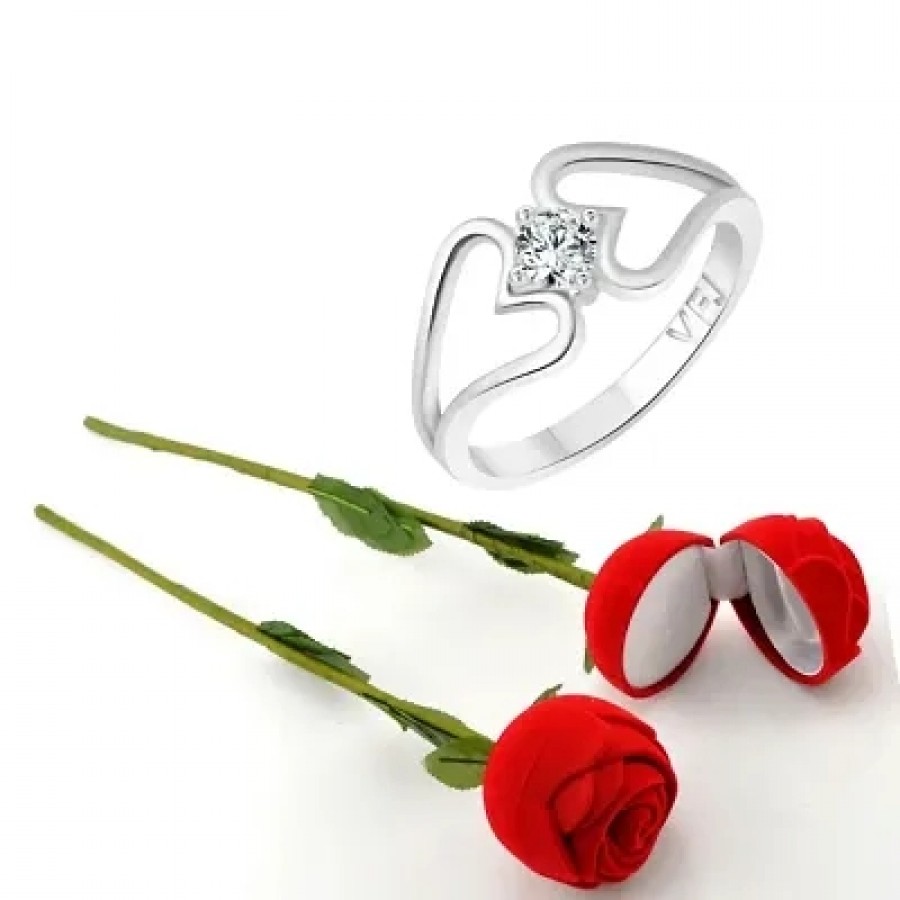 Scented Rose with stylish Valentine CZ Rhodium plated alloy Ring for Women and Girls (1 scented rose and 1 ring)