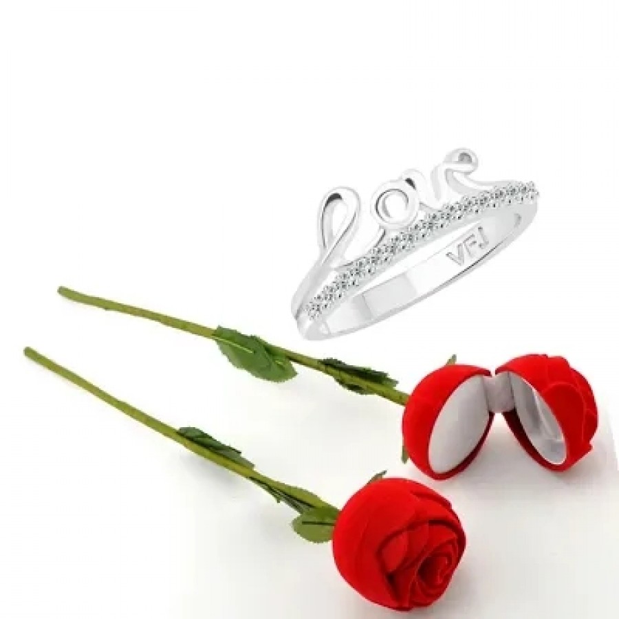 Scented Rose with stylish Valentine CZ Rhodium plated alloy Ring for Women and Girls (1 scented rose and 1 ring)