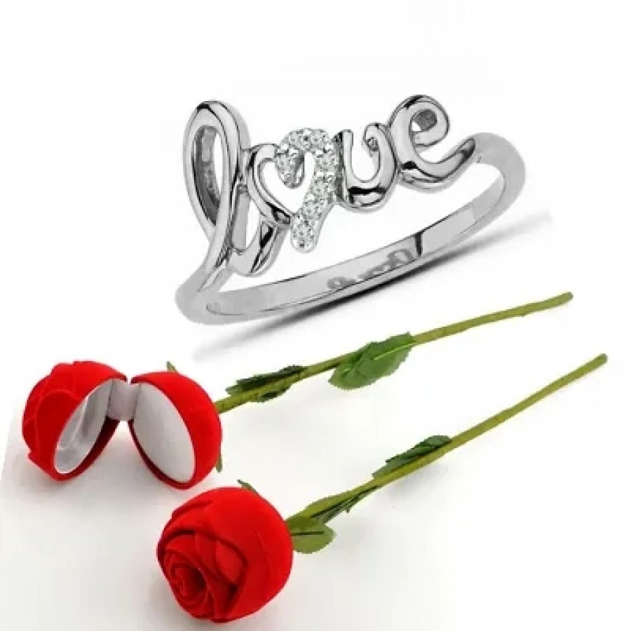 Scented Rose with stylish Valentine CZ Rhodium plated alloy Ring for Women and Girls (1 scented rose and 1 ring)