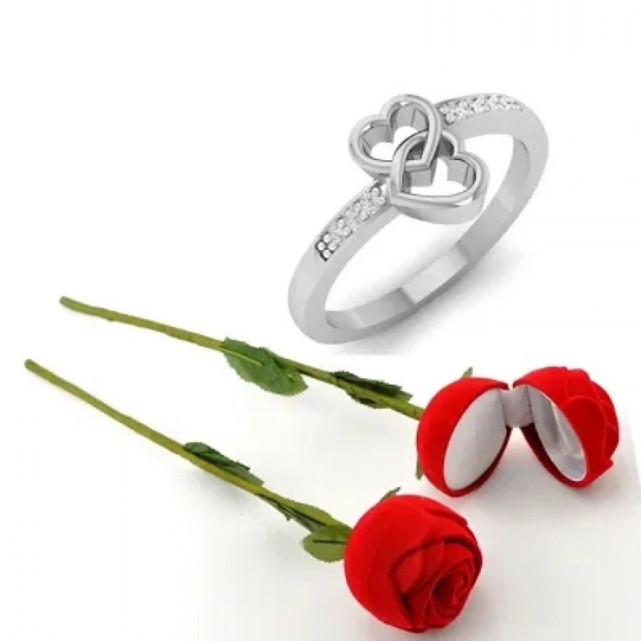 Scented Rose with stylish Valentine CZ Rhodium plated alloy Ring for Women and Girls (1 scented rose and 1 ring)