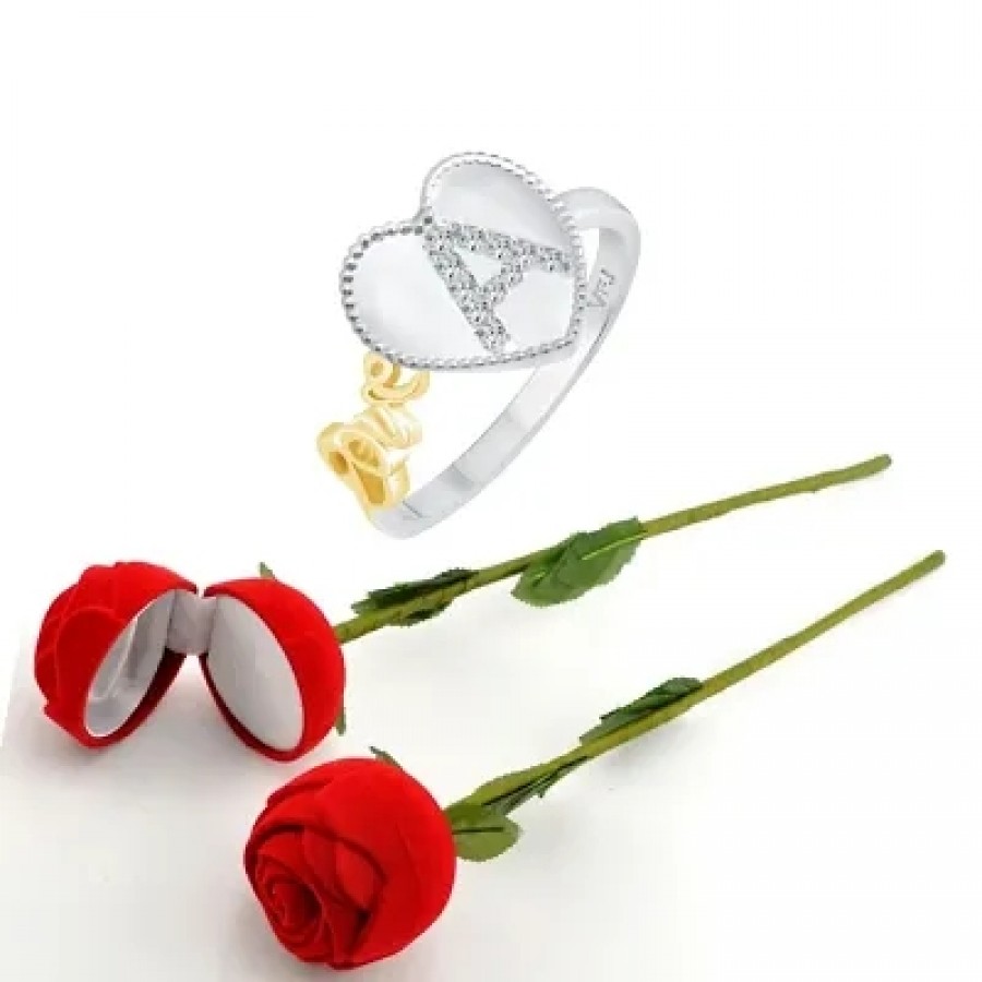 Scented Rose with stylish Valentine CZ Rhodium plated alloy Ring for Women and Girls (1 scented rose and 1 ring)