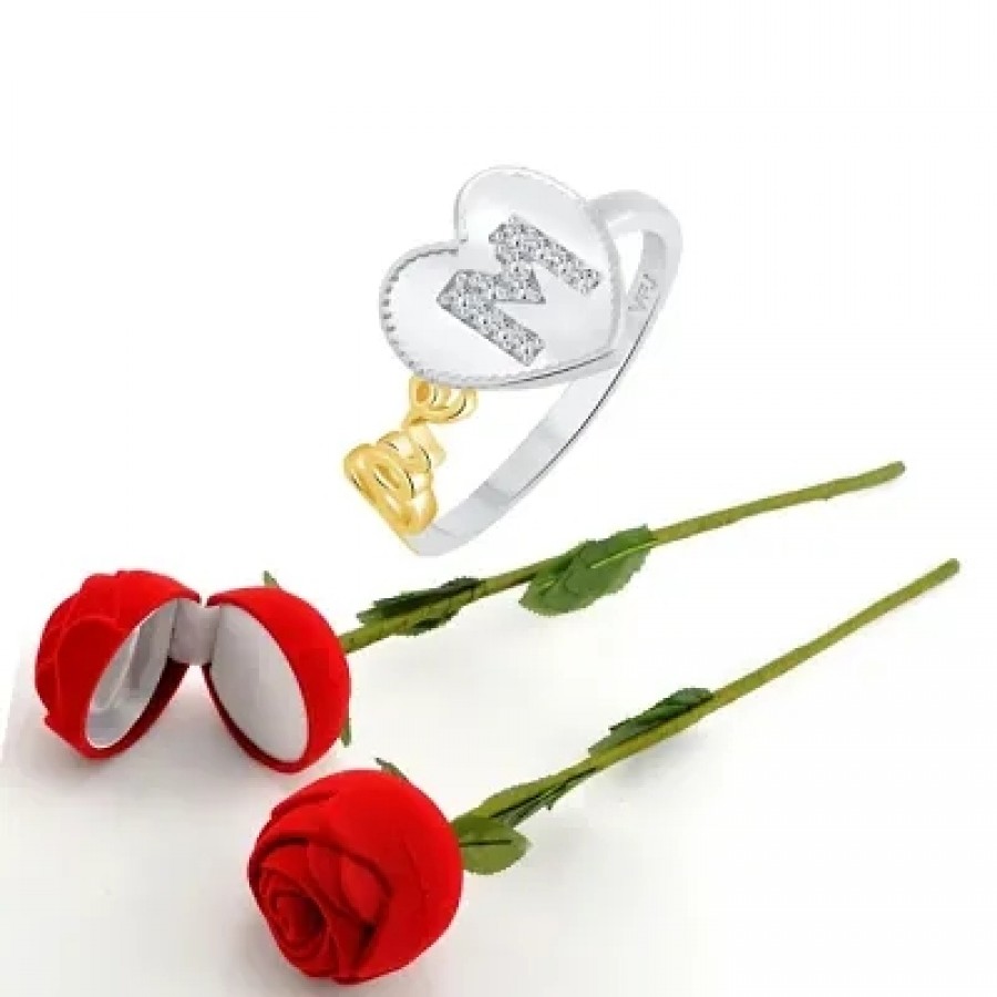 Scented Rose with stylish Valentine CZ Rhodium plated alloy Ring for Women and Girls (1 scented rose and 1 ring)