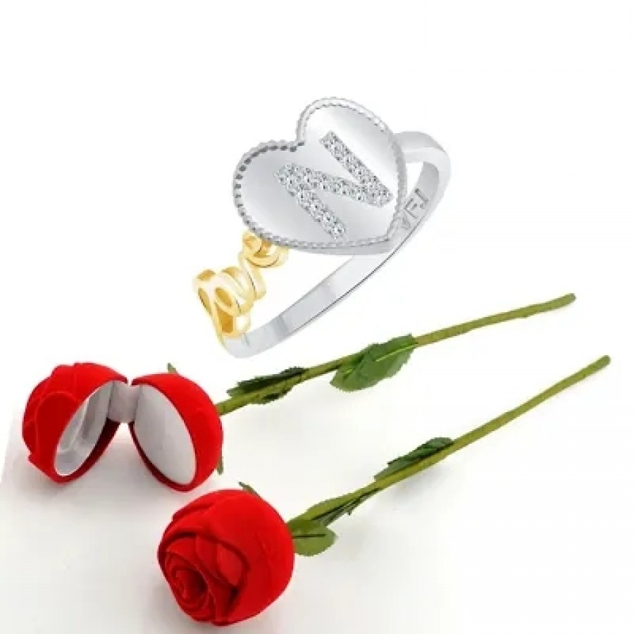 Scented Rose with stylish Valentine CZ Rhodium plated alloy Ring for Women and Girls (1 scented rose and 1 ring)