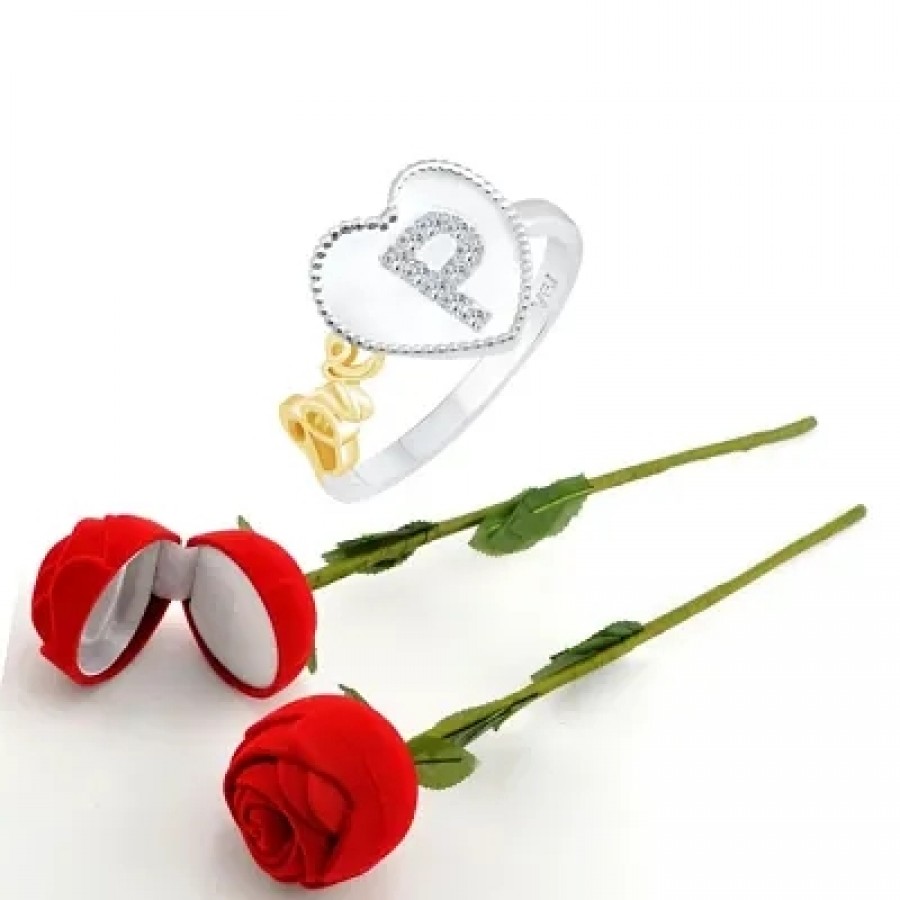 Scented Rose with stylish Valentine CZ Rhodium plated alloy Ring for Women and Girls (1 scented rose and 1 ring)