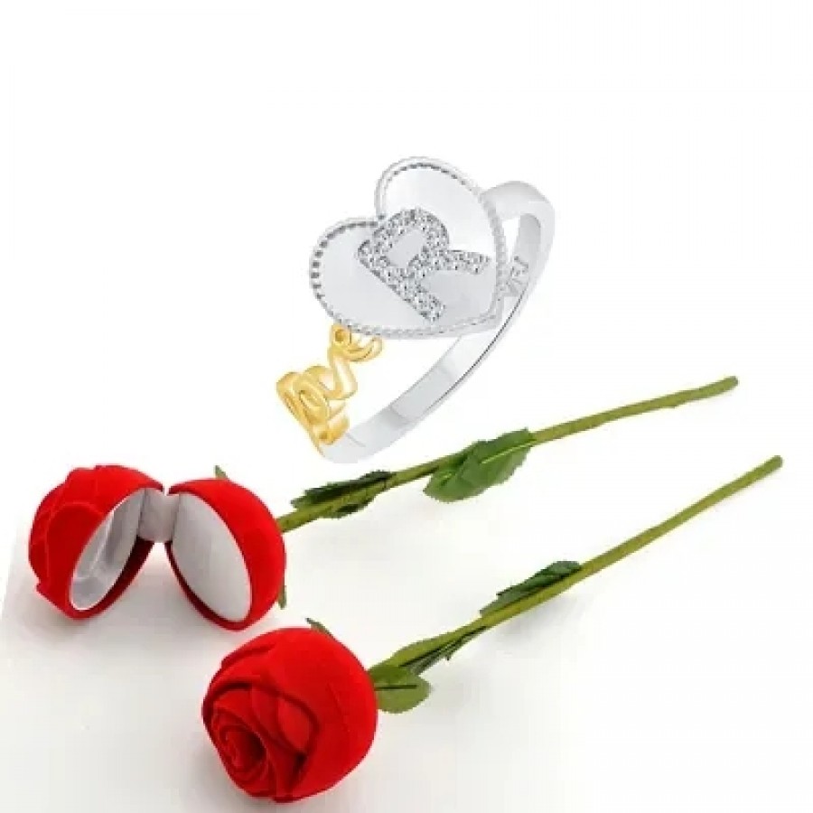 Scented Rose with stylish Valentine CZ Rhodium plated alloy Ring for Women and Girls (1 scented rose and 1 ring)