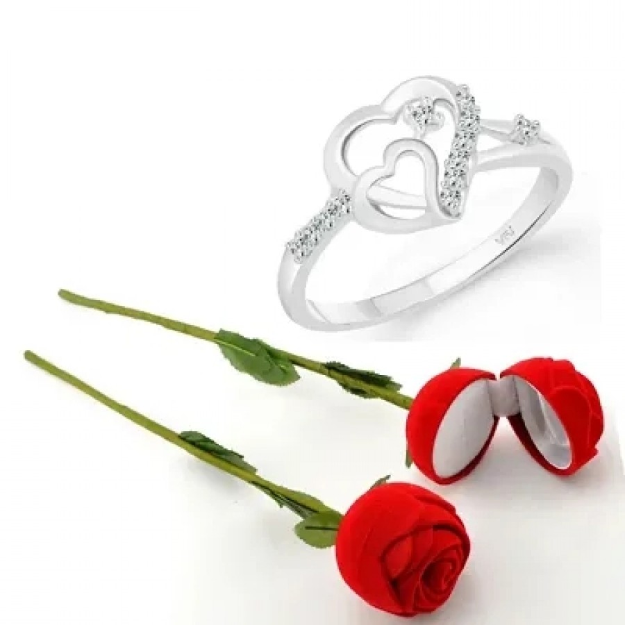 Scented Rose with stylish Valentine CZ Rhodium plated alloy Ring for Women and Girls (1 scented rose and 1 ring)