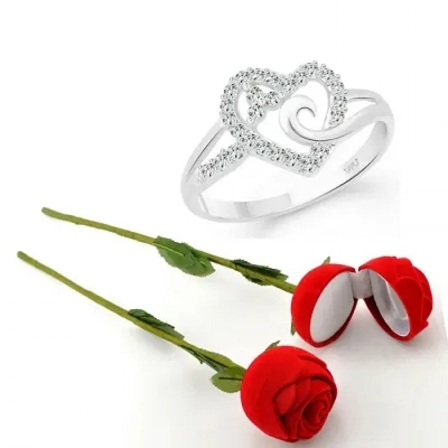 Scented Rose with stylish Valentine CZ Rhodium plated alloy Ring for Women and Girls (1 scented rose and 1 ring)