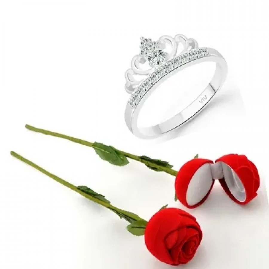 Scented Rose with stylish Valentine CZ Rhodium plated alloy Ring for Women and Girls (1 scented rose and 1 ring)