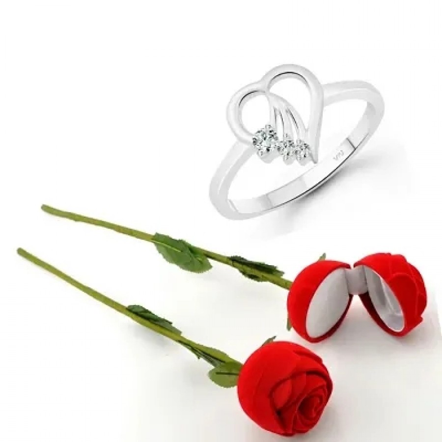 Scented Rose with stylish Valentine CZ Rhodium plated alloy Ring for Women and Girls (1 scented rose and 1 ring)