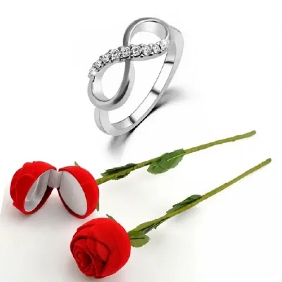 Scented Rose with stylish Valentine CZ Rhodium plated alloy Ring for Women and Girls (1 scented rose and 1 ring)