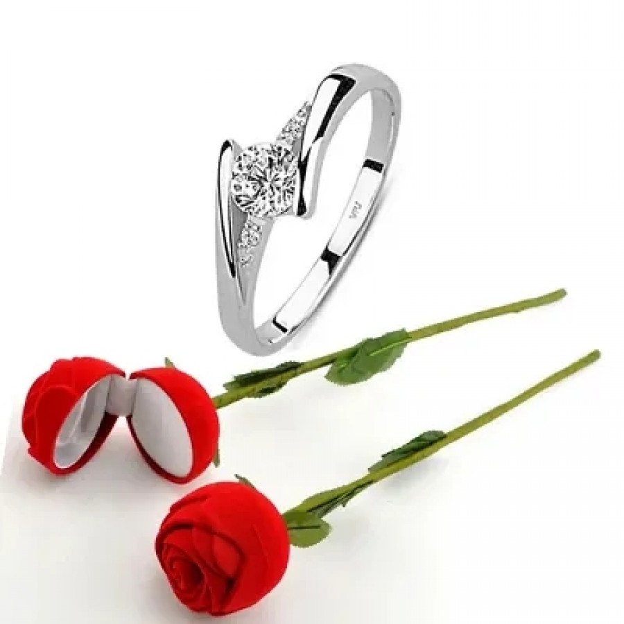 Scented Rose with stylish Valentine CZ Rhodium plated alloy Ring for Women and Girls (1 scented rose and 1 ring)