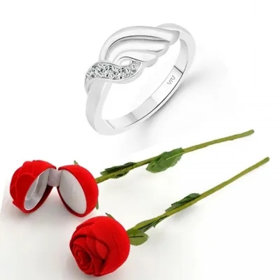 Scented Rose with stylish Valentine CZ Rhodium plated alloy Ring for Women and Girls (1 scented rose and 1 ring)