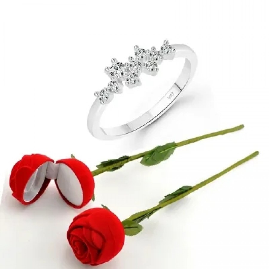 Scented Rose with stylish Valentine CZ Rhodium plated alloy Ring for Women and Girls (1 scented rose and 1 ring)