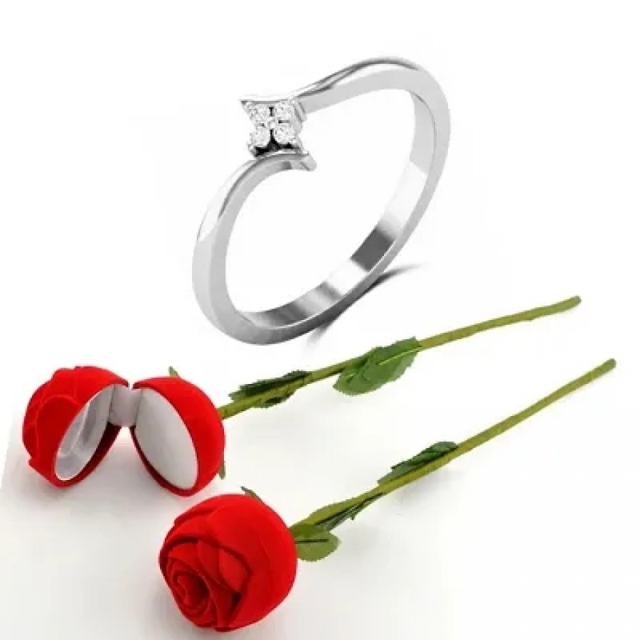 Scented Rose with stylish Valentine CZ Rhodium plated alloy Ring for Women and Girls (1 scented rose and 1 ring)