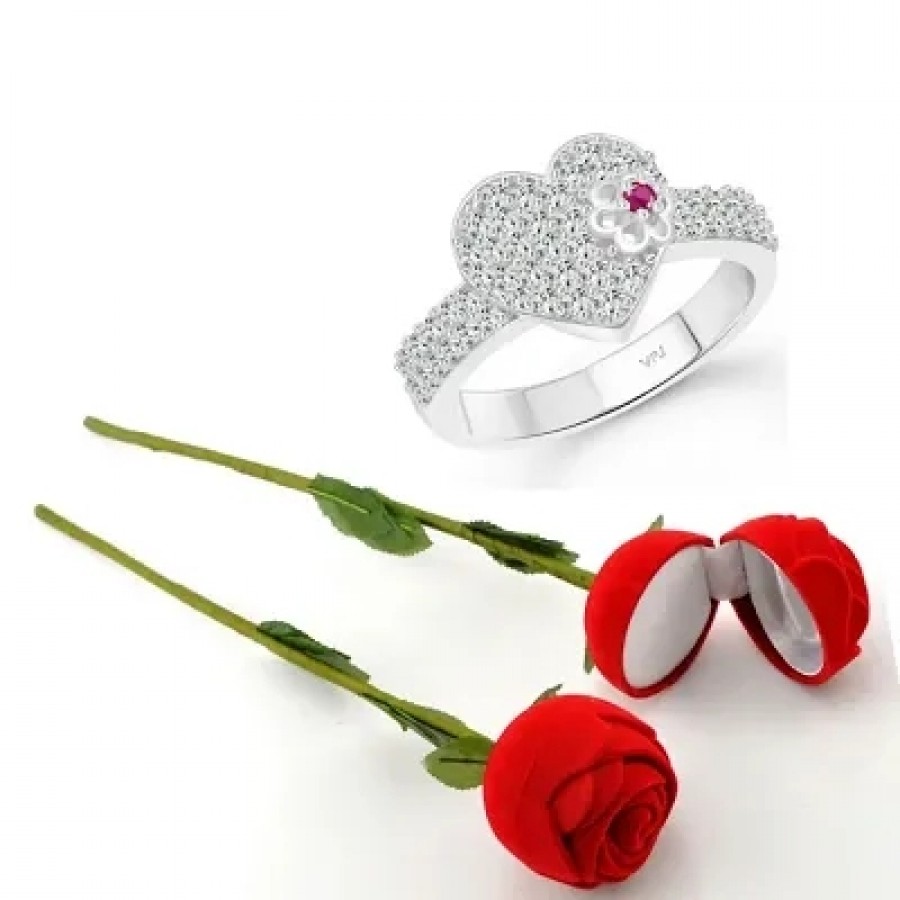 Scented Rose with stylish Valentine CZ Rhodium plated alloy Ring for Women and Girls (1 scented rose and 1 ring)