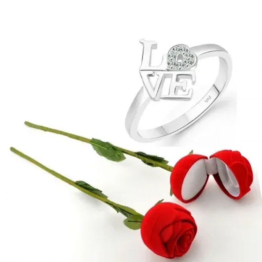 Scented Rose with stylish Valentine CZ Rhodium plated alloy Ring for Women and Girls (1 scented rose and 1 ring)