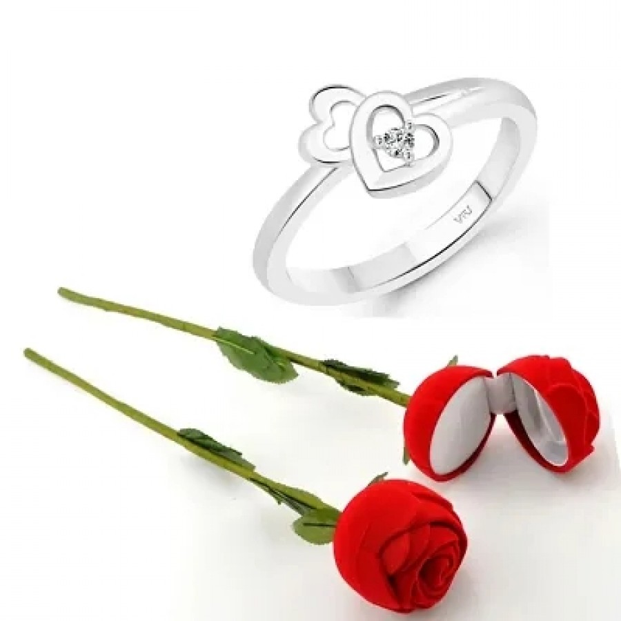 Scented Rose with stylish Valentine CZ Rhodium plated alloy Ring for Women and Girls (1 scented rose and 1 ring)