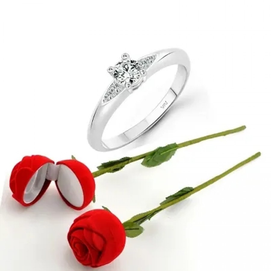 Scented Rose with stylish Valentine CZ Rhodium plated alloy Ring for Women and Girls (1 scented rose and 1 ring)