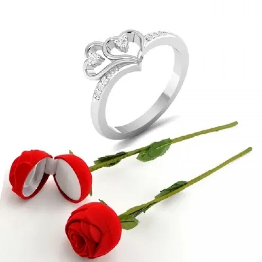 Scented Rose with stylish Valentine CZ Rhodium plated alloy Ring for Women and Girls (1 scented rose and 1 ring)