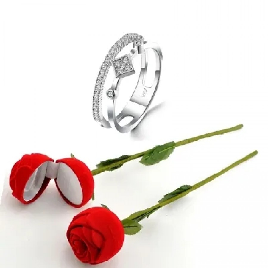 Scented Rose with stylish Valentine CZ Rhodium plated alloy Ring for Women and Girls (1 scented rose and 1 ring)