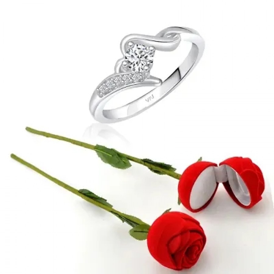 Scented Rose with stylish Valentine CZ Rhodium plated alloy Ring for Women and Girls (1 scented rose and 1 ring)